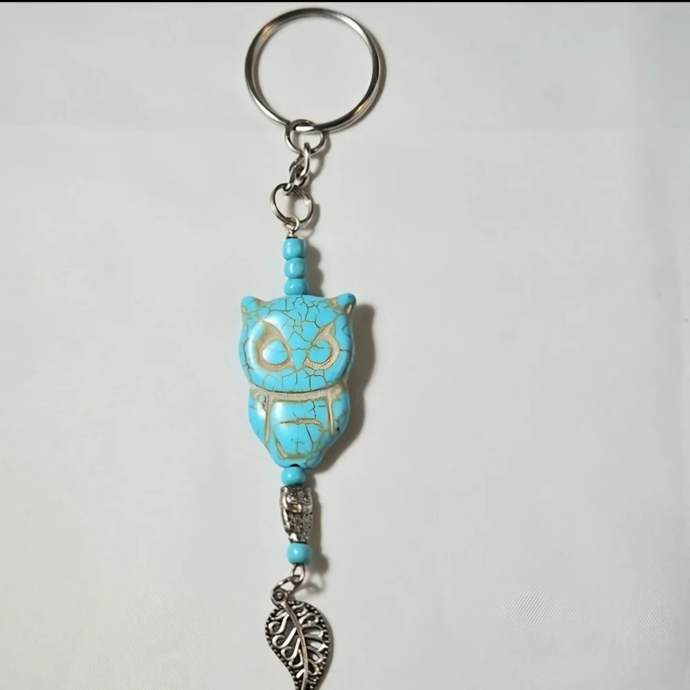 Turquoise Owl Charm With Silver Leaf Charm Keyring Handmade